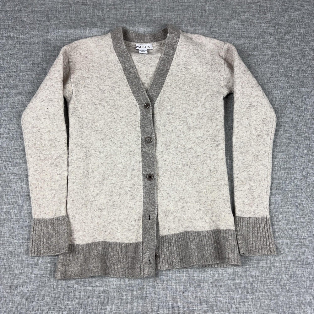 Athleta Cardigan Womens XS Petite Beige Wool Blend Westlake V Neck Button Rib